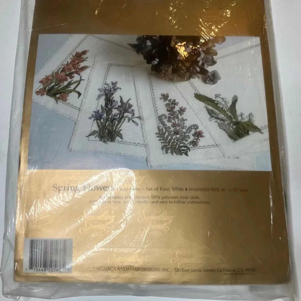 Candamar Cross Stitch Kit - Spring Flowers Set of 4 Placemats #50566 New Sealed